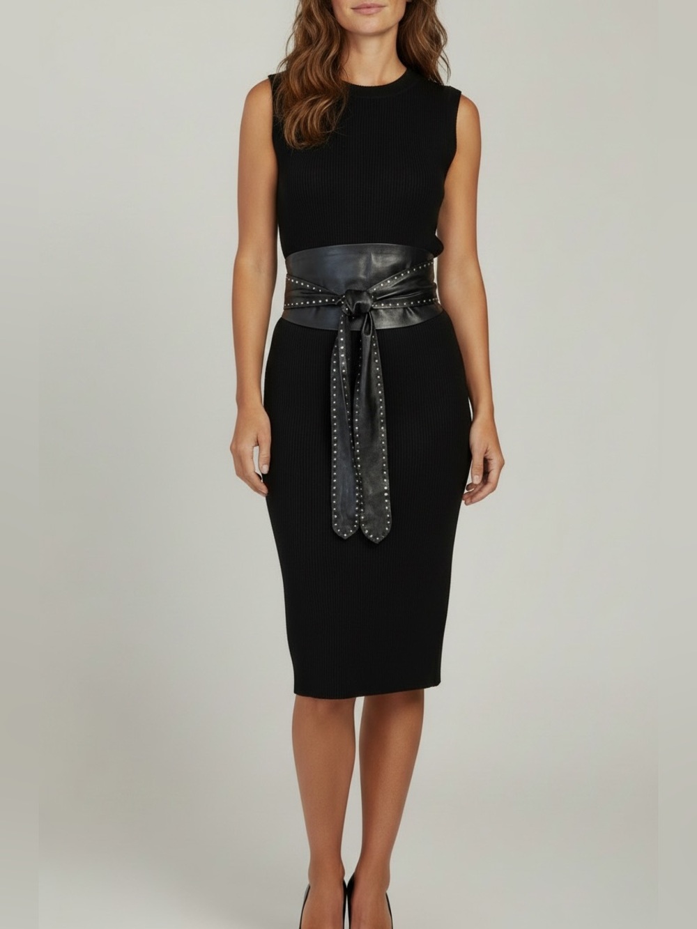 Wide Wrap "OBI" Studded Black Leather Belt OS